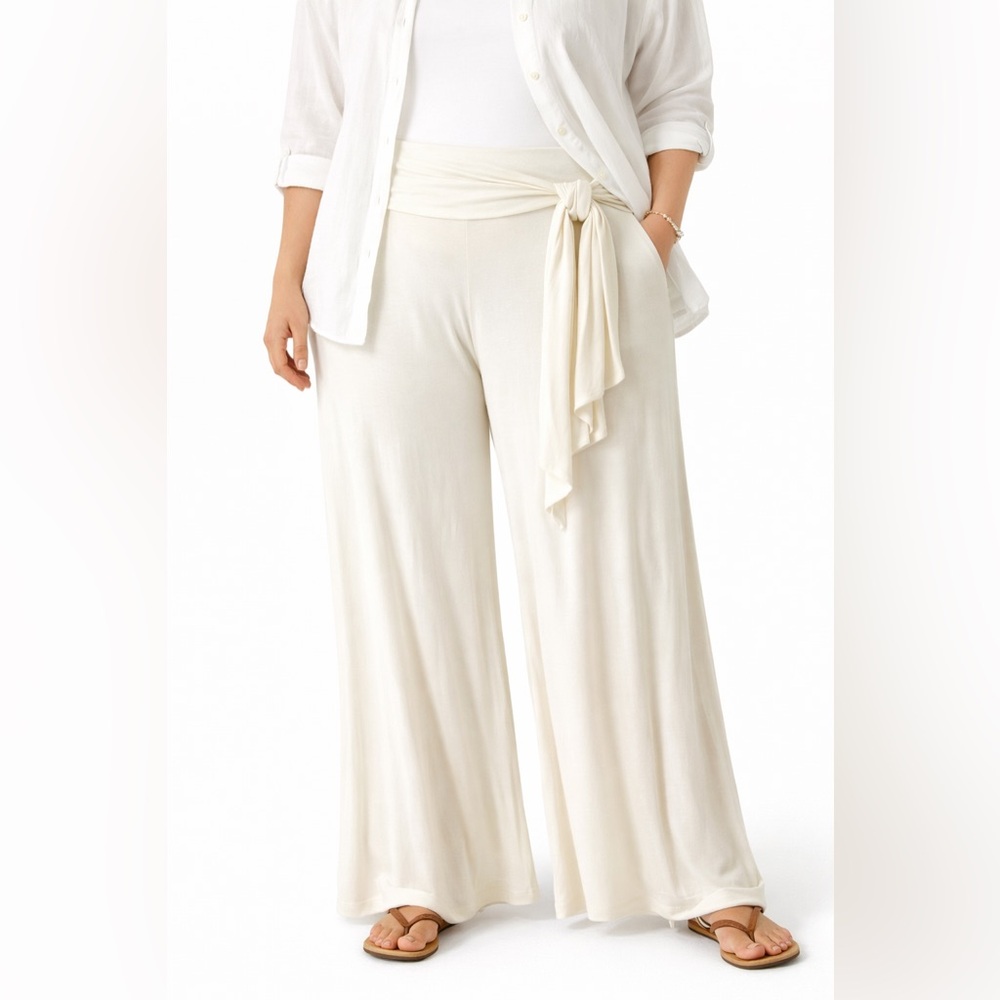 Poliana Plus 3X Ivory Palazzo Pants Wide Leg Tie Waist Rayon Spandex